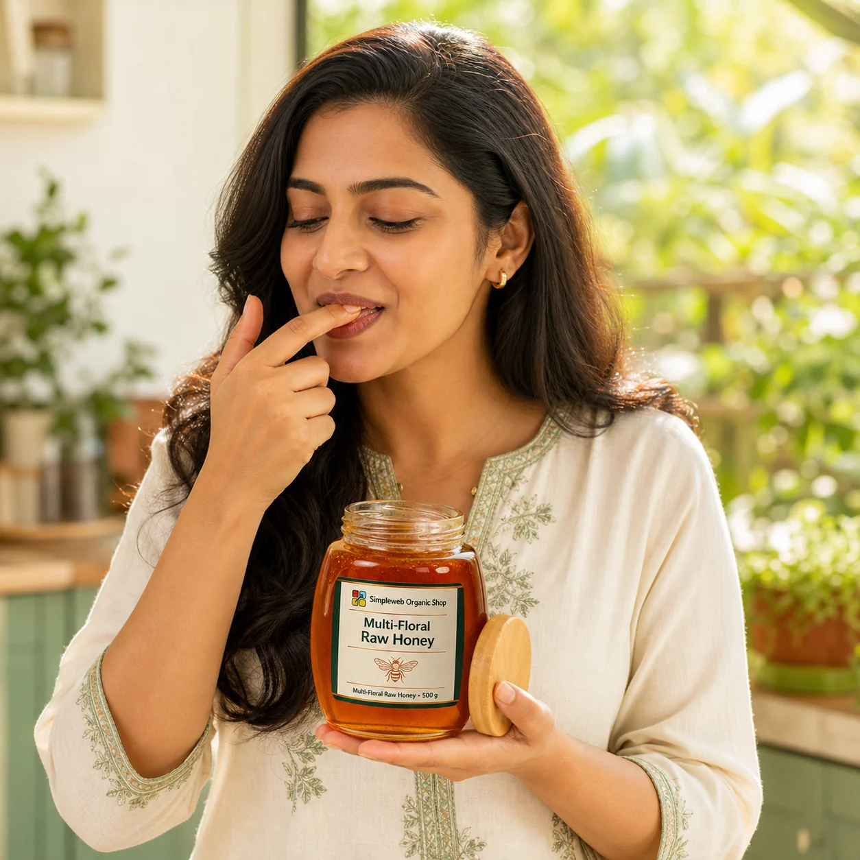 Indian woman enjoying multi-floral raw honey from Simpleweb Organic Shop