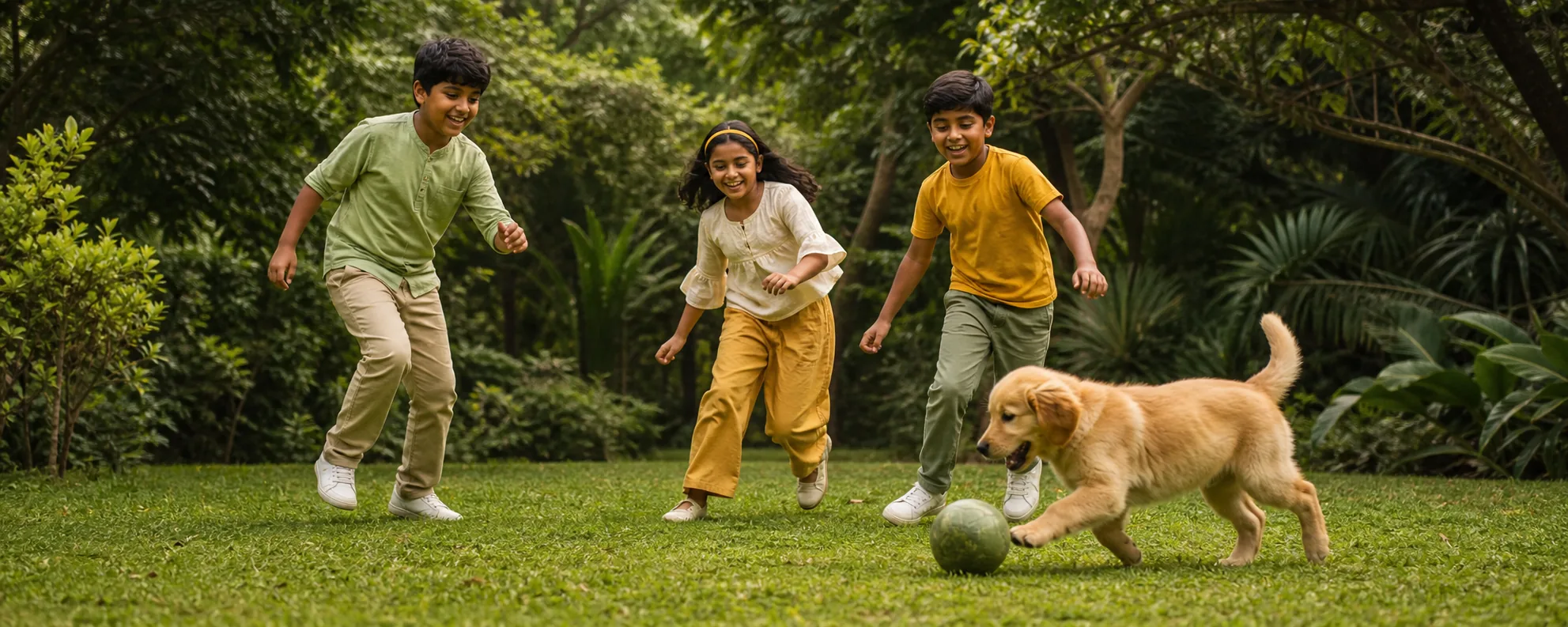 Indian children playing ball with a golden retriever puppy